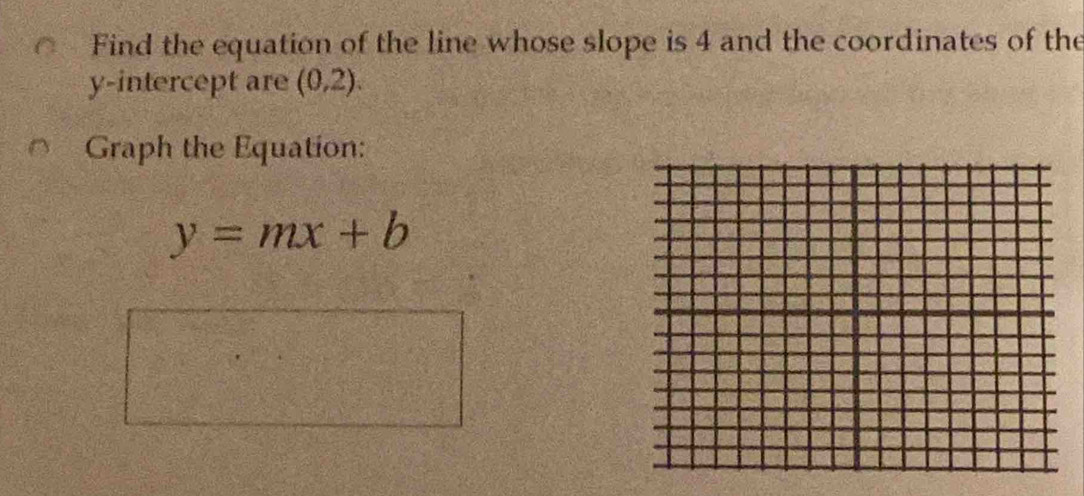 Find the equation of the line whose slope is 4 and the coordinates of the 
y-intercept are (0,2). 
Graph the Equation:
y=mx+b