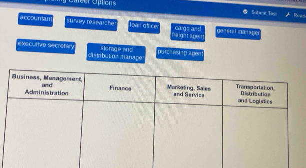 ng Career Options
Submit Test Read
accountant survey researcher loan officer cargo and general manager
freight agent
executive secretary storage and purchasing agent
distribution manager