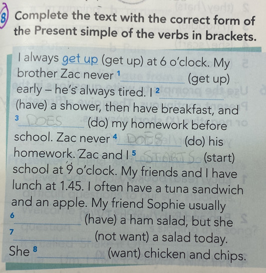 Complete the text with the correct form of 
the Present simple of the verbs in brackets. 
I always get up (get up) at 6 o'clock. My 
brother Zac never 1_ (get up) 
early - he’s always tired. |^2 _ 
(have) a shower, then have breakfast, and 
3 
_(do) my homework before 
school. Zac never ⁴_ (do) his 
homework. Zac and 1^5 _ (start) 
school at 9 o’clock. My friends and I have 
lunch at 1.45. I often have a tuna sandwich 
and an apple. My friend Sophie usually 
6 
_(have) a ham salad, but she 
7 
_(not want) a salad today. 
She ≌_ (want) chicken and chips.