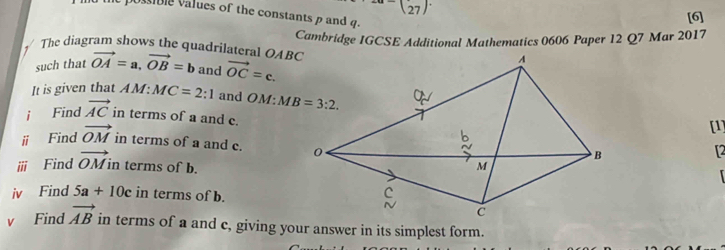 a-(27)
ue values of the constantsρ and q.
[6]
Cambridge IGCSE Additional Mathematics 0606 Paper 12 Q7 Mar 2017
The diagram shows the quadrilateral OABC vector OA=a,vector OB=b and vector OC=c.
such that
It is given that AM:MC=2:1 and OM: 
j Find vector AC in terms of a and c.
[1]
ⅱ Find vector OM in terms of a and c. 
12
ⅲ Find vector OMi in terms of b.
iv Find 5a+10c in terms of b.
v Find vector AB in terms of a and c, giving your answer in its simplest form.