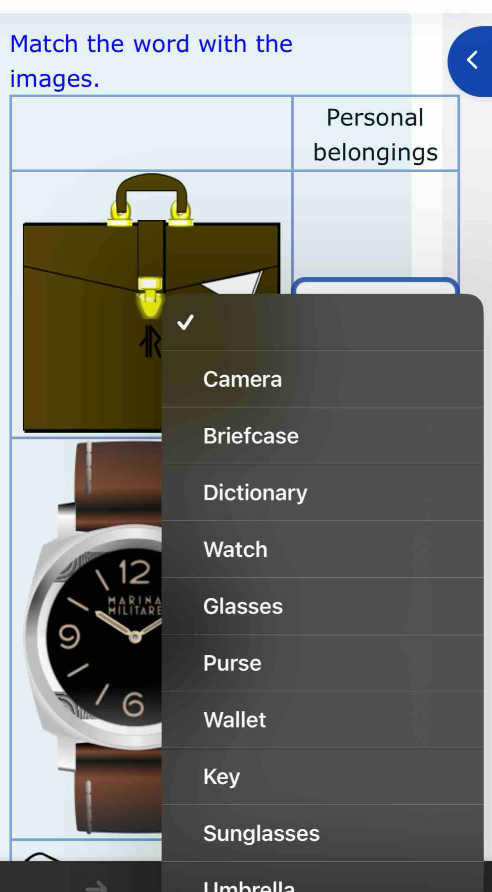 Match the word with the 
images. 
Personal 
belongings 
Camera 
Briefcase 
Dictionary 
Watch 
12 
Hilprans Glasses 
Purse 
Wallet 
Key 
Sunglasses