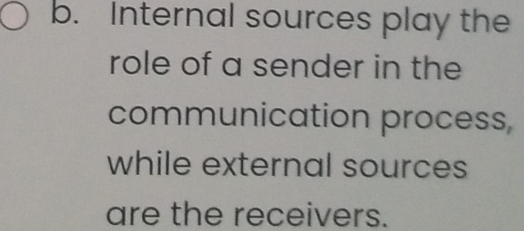 Internal sources play the 
role of a sender in the 
communication process, 
while external sources 
are the receivers.