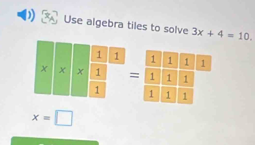 Use algebra tiles to solve 3x+4=10. 

=
x=□