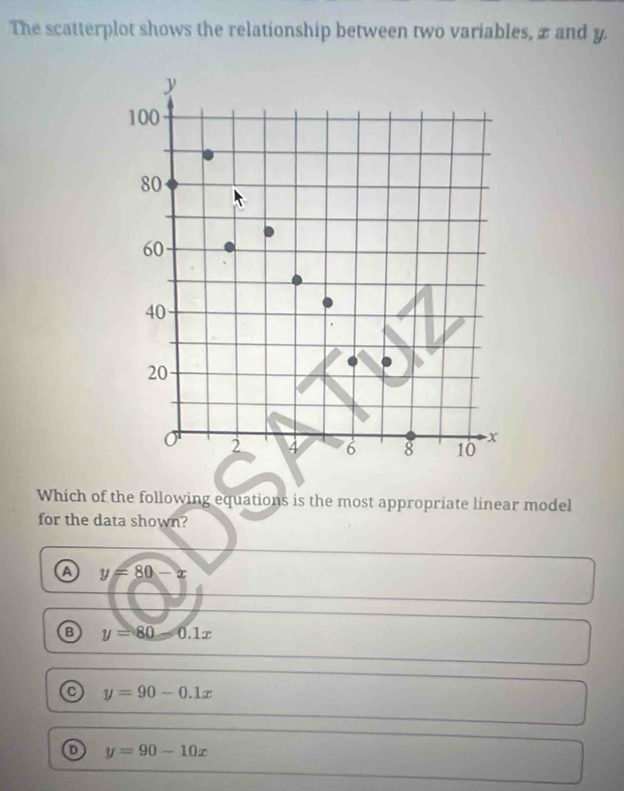 The scatterplot shows the relationship between two variables, x and y.
y
100
80
60
40
20
2 4 6 8 10 x
Which of the following equations is the most appropriate linear model
for the data shown?
a y=80-x
y=80-0.1x
y=90-0.1x
y=90-10x