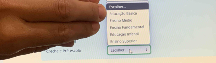 Escolher...
Educação Básica
Ensino Médio
Ensino Fundamental
Educação Infantil
Ensino Superior
Creche e Pré-escola Escolher...