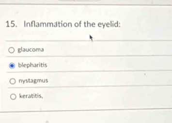 Inflammation of the eyelid:
glaucoma
blepharitis
nystagmus
keratitis