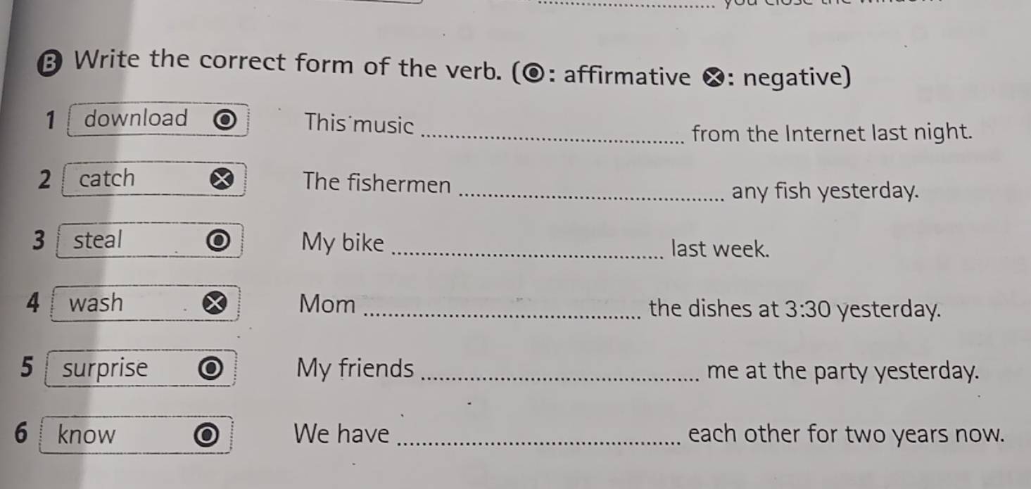 Write the correct form of the verb. (O: affirmative ×: negative) 
1 download 
This music 
_from the Internet last night. 
2 catch The fishermen 
_any fish yesterday. 
3 steal My bike _last week. 
4 wash Mom _the dishes at 3:30 yesterday. 
5 | surprise My friends _me at the party yesterday. 
6 know We have _each other for two years now.