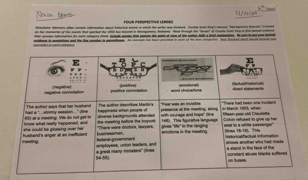 hoer 
FOUR PERSPECTIVE LENSES 
Directions: Memoirs often contain information about historical events in which the writer was invalved. Coretta Scott King's memoir, "Montgomery Baycoll,'' is bosed 
on her memories of the events that sparked the 1955 bus boycott in Montgomery, Alobama. Read through the "lenses" of Coretta Scott King to find textual evidence 
that conveys information for each category listed. Include quotes that express the point of view of the euthor AND a brief explonation. Be suce to out vour textual 
examples in each category. evidence in quotations and the line number in parentheses. An example has been provided in each of the iens categories. Your finished chort should include two