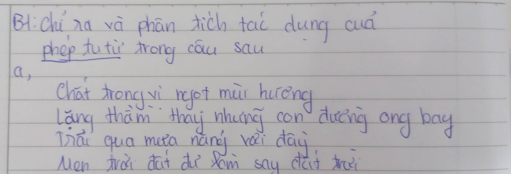 B(Chí na và phān tich tai dung cuà 
phep tu tù trong cóu sau 
a, 
chat Zrong vì rgot mùi huéng 
Lǎng thàm `thay nhuíng con duing ong bag 
Tiái qua mea nánà rǎi dāy 
Men tri dat du Rom say dúf trài