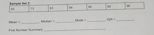 Mean =_ Median =_ Mode = _. IQR= _ 
Five Number Summary 
_