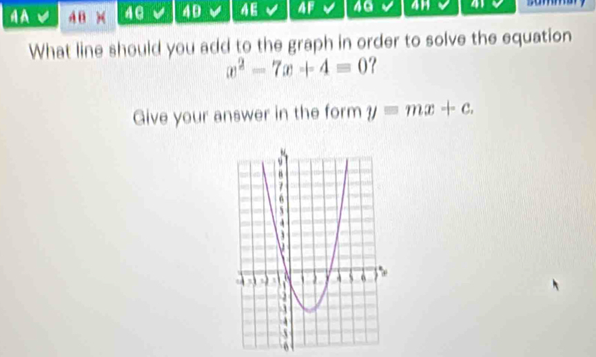 A 4 B ) 40 4D 4E 4F 40 4M 41 
What line should you add to the graph in order to solve the equation
x^2-7x+4=0
Give your answer in the form y=mx+c. 
6