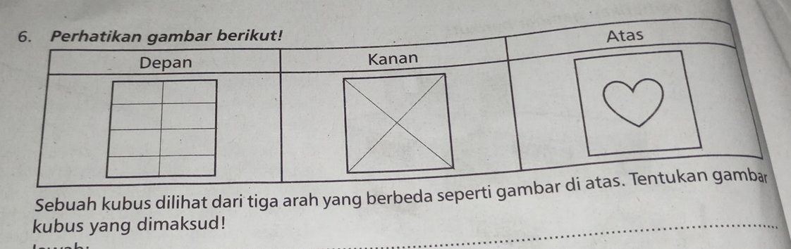 Sebuah kubus dilihat dari tiga arah yang berbeda seperti ga 
kubus yang dimaksud!