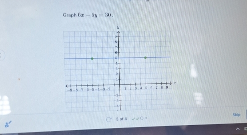 Graph 6x-5y=30. 
Skip
3 of 4