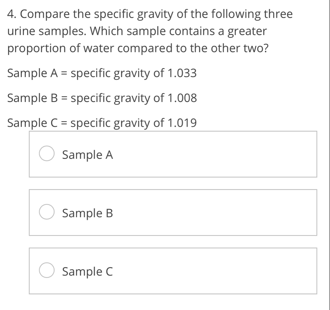 Solved: Compare the specific gravity of the following three urine ...