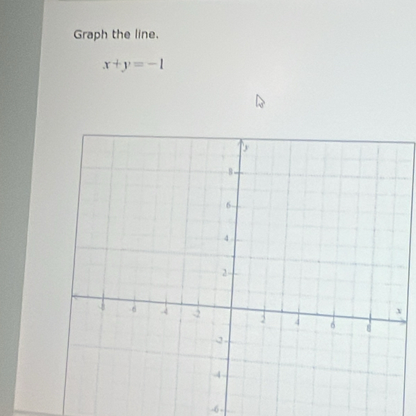 Graph the line.
x+y=-1
-6 -