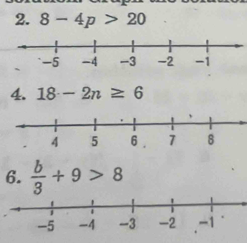 8-4p>20
4. 18-2n≥ 6
6.  b/3 +9>8