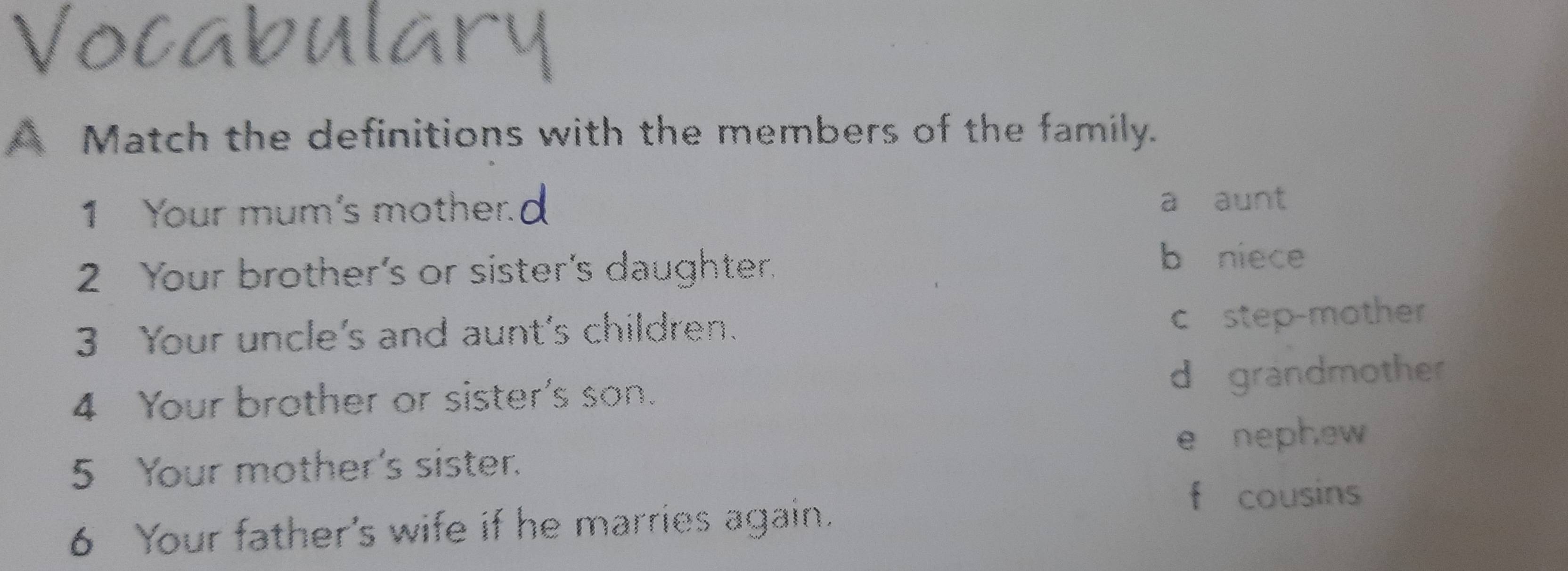 A Match the definitions with the members of the family.
1 Your mum's mother.
a aunt
2 Your brother’s or sister's daughter.
b niece
3 Your uncle's and aunt's children. c step-mother
4 Your brother or sister's son.
d grandmother
e nephew
5 Your mother's sister.
f cousins
6 Your father's wife if he marries again.