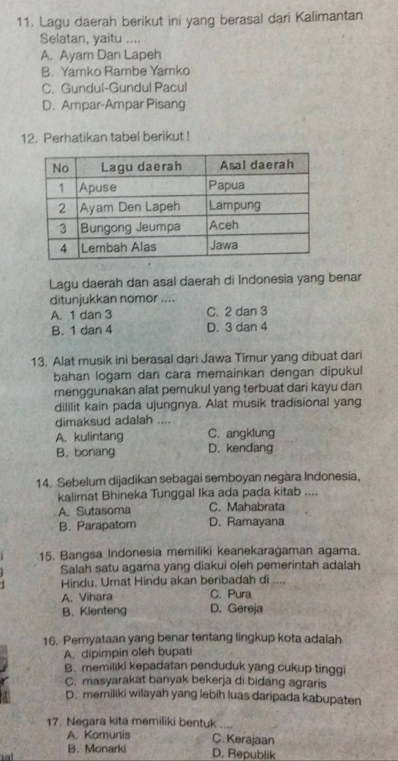 Lagu daerah berikut ini yang berasal dari Kalimantan
Selatan, yaitu ....
A. Ayam Dan Lapeh
B. Yamko Rambe Yamko
C. Gundul-Gundul Pacul
D. Ampar-Ampar Pisang
12. Perhatikan tabel berikut !
Lagu daerah dan asal daerah di Indonesia yang benar
ditunjukkan nomor ....
A. 1 dan 3 C. 2 dan 3
B. 1 dan 4 D. 3 dan 4
13. Alat musik ini berasal dari Jawa Timur yang dibuat dari
bahan logam dan cara memainkan dengan dipukul
menggunakan alat pemukul yang terbuat dari kayu dan
dililit kain pada ujungnya. Alat musik tradisional yang
dimaksud adalah ....
A. kulintang C. angklung
B. bonang D. kendang
14. Sebelum dijadikan sebagai semboyan negara Indonesia,
kalimat Bhineka Tunggal Ika ada pada kitab ....
A. Sutasoma C. Mahabrata
B. Parapatom D. Ramayana
15. Bangsa Indonesia memiliki keanekaragaman agama.
Salah satu agama yang diakui oleh pemerintah adalah
Hindu. Umat Hindu akan beribadah di ....
A. Vihara C. Pura
B. Klenteng D. Gereja
16. Pernyataan yang benar tentang lingkup kota adalah
A. dipimpin oleh bupati
B. memiliki kepadatan penduduk yang cukup tinggi
C. masyarakat banyak bekerja di bidang agraris
D. memiliki wilayah yang lebih luas daripada kabupaten
17. Negara kita memiliki bentuk ....
A, Komunis C. Kerajaan
B. Monarki D. Republik