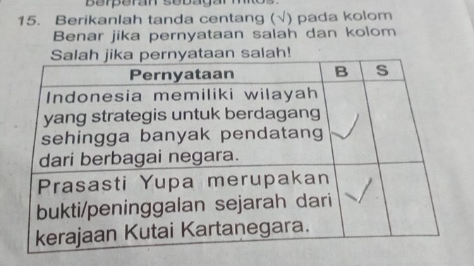 Berperan sebagár m
15. Berikanlah tanda centang (√) pada kolom 
Benar jika pernyataan salah dan kolom
h!