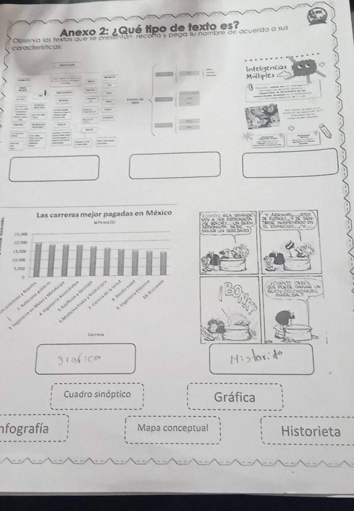 Anexo 2: ¿Qué tipo de texto es?
Observa los textos que se presentán, recorta y pega su nombre de acuerdo a sus
características:
Inteligencias
Múltiples
—” .
auladores y Naval
Cuadro sinóptico Gráfica
fografía Mapa conceptual Historieta