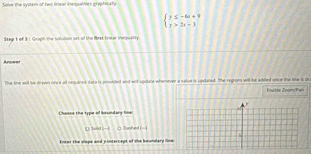 Solve the system of two linear inequalities graphically.
beginarrayl y≤ -6x+9 y>2x-3endarray.
Step 1 of 3 : Graph the solution set of the first linear inequality.
Answer
The line will be drawn once all required data is provided and will update whenever a value is updated. The regions will be added once the line is dra
Enable Zoom/Pan
Choose the type of boundary line:
C Solid (—) Dashed (---)
Enter the slope and y-intercept of the boundary line: