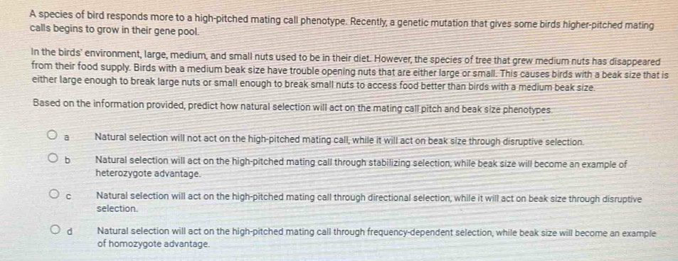 A species of bird responds more to a high-pitched mating call phenotype. Recently, a genetic mutation that gives some birds higher-pitched mating
calls begins to grow in their gene pool.
In the birds' environment, large, medium, and small nuts used to be in their diet. However, the species of tree that grew medium nuts has disappeared
from their food supply. Birds with a medium beak size have trouble opening nuts that are either large or small. This causes birds with a beak size that is
either large enough to break large nuts or small enough to break small nuts to access food better than birds with a medium beak size.
Based on the information provided, predict how natural selection will act on the mating call pitch and beak size phenotypes
a Natural selection will not act on the high-pitched mating call, while it will act on beak size through disruptive selection.
b Natural selection will act on the high-pitched mating call through stabilizing selection, while beak size will become an example of
heterozygote advantage.
c Natural selection will act on the high-pitched mating call through directional selection, while it will act on beak size through disruptive
selection.
d Natural selection will act on the high-pitched mating call through frequency-dependent selection, while beak size will become an example
of homozygote advantage.