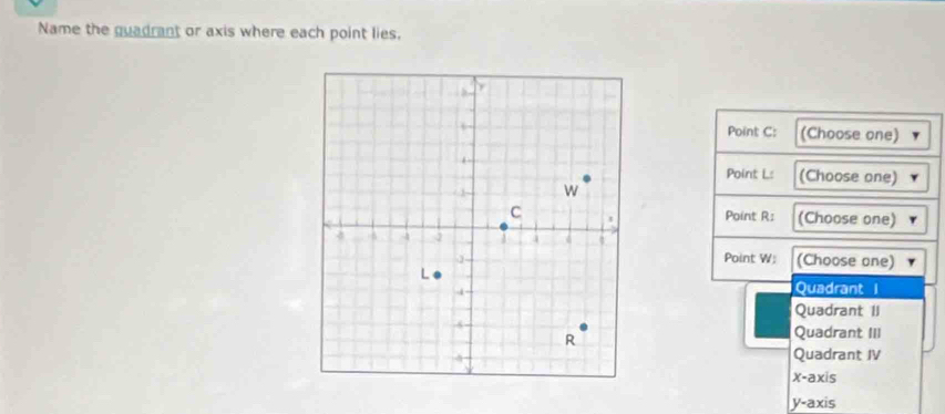 Name the guadrant or axis where each point lies.
Point C : (Choose one)
Point L : (Choose one)
Point R : (Choose one)
Point W; (Choose one)
Quadrant l
Quadrant II
Quadrant III
Quadrant IV
x-axis
y-axis