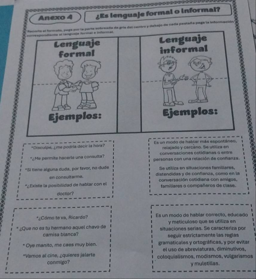 Anexo ¿Es lenguaje formal o informal?
ro y debejo de cada pastaña pega la información
Es un modo de hablar más espontáneo,
*Disculpe, ¿me podría decir la hora?
relajado y cercano. Se utiliza en
¿Me permite hacerle una consulta? conversaciones cotidianas o entre
personas con una relación de confianza.
*Si tiene alguna duda, por favor, no dude Se utiliza en situaciones familiares.
en consultarme. distendidas y de confianza, como en la
conversación cotidiana con amigos,
*¿Existe la posibilidad de hablar con el familiares o compañeros de clase.
doctor?
*¿Cómo te va, Ricardo? Es un modo de hablar correcto, educado
y meticuloso que se utiliza en
¿Que no es tu hermano aquel chavo de situaciones serias. Se caracteriza por
camisa blanca? seguir estrictamente las reglas
Oye manito, me caes muy bien. gramaticales y ortográficas, y por evitar
el uso de abreviaturas, diminutivos,
*Vamos al cine, ¿quieres jalarte coloquialismos, modismos, vulgarismos
conmigo? y muletillas.