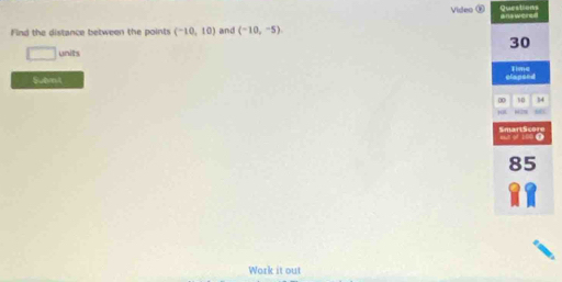 Queston 
Video ⑧ 
Find the distance between the points (-10,10) and (-10,-5). 
L units 
Subnt 
Work it out