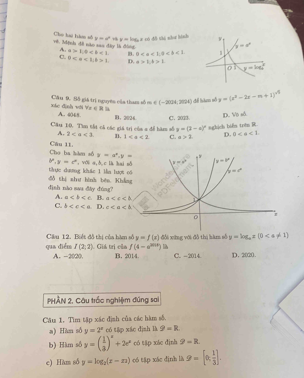 Cho hai hàm số y=a^x và y=log _bx có đồ thị như hình
vẽ. Mệnh đề nào sau dây là đúng.
A. a>1;0 B. 0
C. 01. D. a>1;b>1.
Câu 9. Số giá trị nguyên của tham số m∈ (-2024;2024) để hàm số y=(x^2-2x-m+1)^sqrt(5)
xác định với forall x∈ R là
A. 4048. B. 2024.
C. 2023. D. Vô số.
Câu 10. Tìm tất cả các giá trị của a để hàm số y=(2-a)^x nghịch biến trên R.
A. 2 B. 1 C. a>2.
D. 0
Câu 11.
Cho ba hàm số y=a^x,y=
b^x,y=c^x , với a,b,c là hai s
thực dương khác 1 lần lượt c
đồ thị như hình bên. Khẳn
định nào sau đây đúng?
A. a B. a
C. b D. c
Câu 12. Biết đồ thị của hàm số y=f(x) đối xứng với đồ thị hàm số y=log _ax(0
qua điểm I(2;2). Giá trị của f(4-a^(2018)) là
A. -2020. B. 2014. C. -2014. D. 2020.
PHÀN 2. Câu trắc nghiệm đúng sai
Câu 1. Tìm tập xác định của các hàm số.
a) Hàm số y=2^x có tập xác định là 9=R.
b) Hàm số y=beginpmatrix  1/3 end(pmatrix)^x+2e^x có tập xác định g=R.
c) Hàm số y=log _2(x-x_2) có tập xác định là varnothing =[0; 1/3 ].