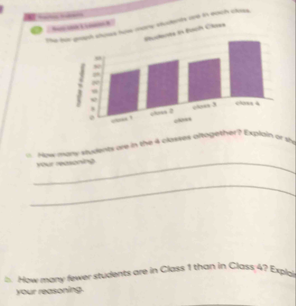 the une in each class . 
. How many students are in the 4 classes altogether? Explain or she 
_your reasoning 
_ 
How many fewer students are in Class 1 than in Class 4? Explair 
your reasoning.