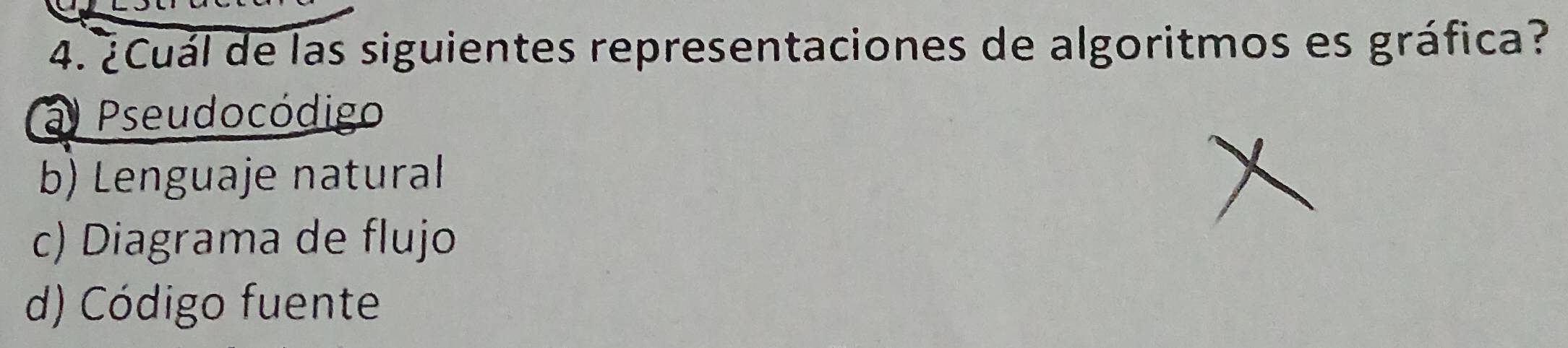 ¿Cuál de las siguientes representaciones de algoritmos es gráfica?
a) Pseudocódigo
b) Lenguaje natural
c) Diagrama de flujo
d) Código fuente