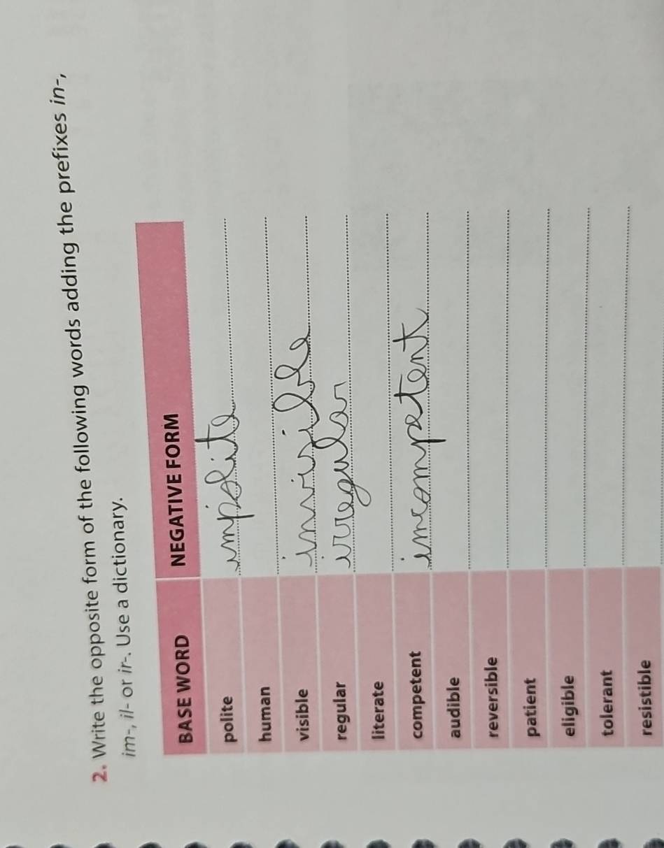 Write the opposite form of the following words adding the prefixes in-,
im-, il- or ir-. Use a dictionary.
BASE WORD NEGATIVE FORM
polite
human
visible
regular
literate
competent
audible
reversible
patient
eligible
tolerant
resistible