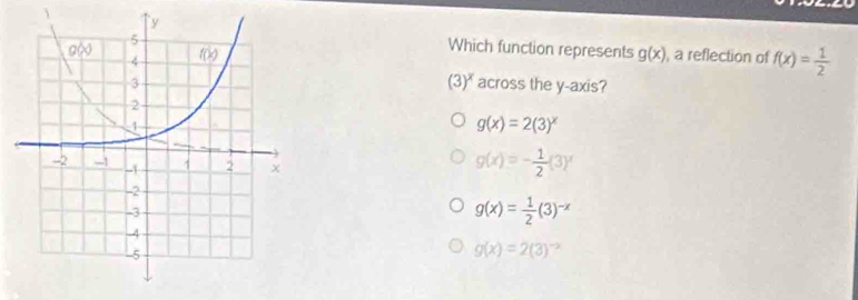 Which function represents
g(x) , a reflection of f(x)= 1/2 
(3)^x
across the y-axis?
g(x)=2(3)^x
g(x)=- 1/2 (3)^x
g(x)= 1/2 (3)^-x
g(x)=2(3)^-2