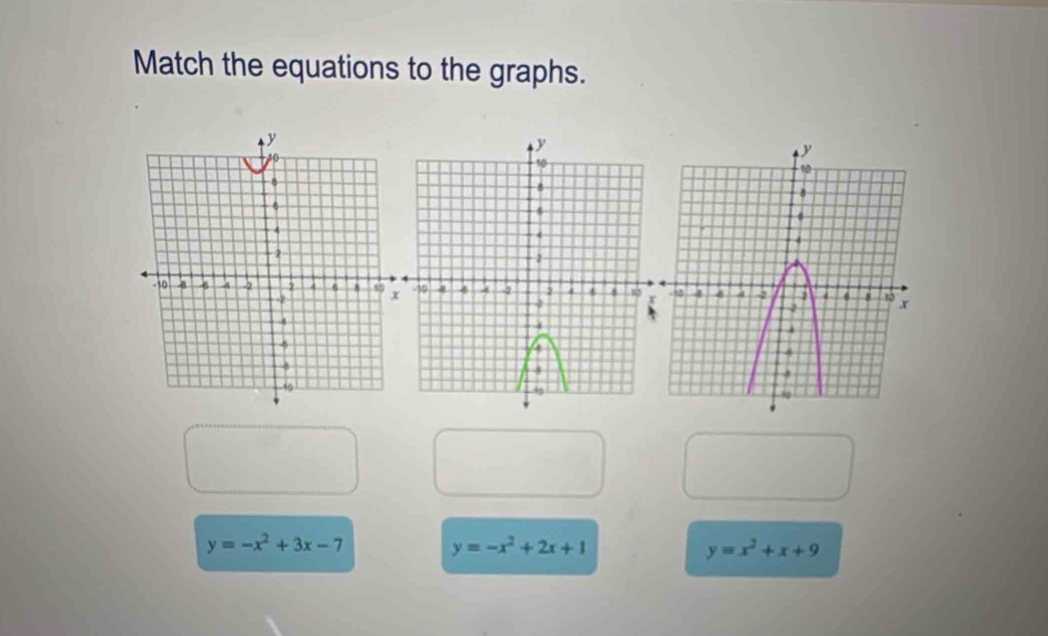 Match the equations to the graphs.
y=-x^2+3x-7
y=-x^2+2x+1
y=x^2+x+9