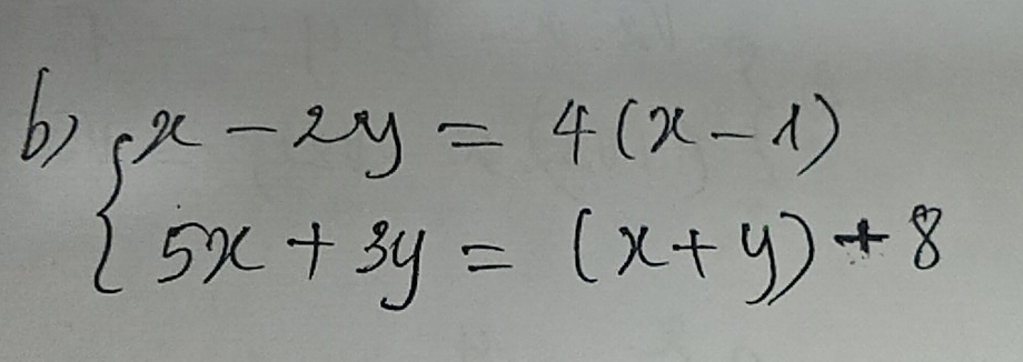 beginarrayl x-2y=4(x-1) 5x+3y=(x+y)+8endarray.