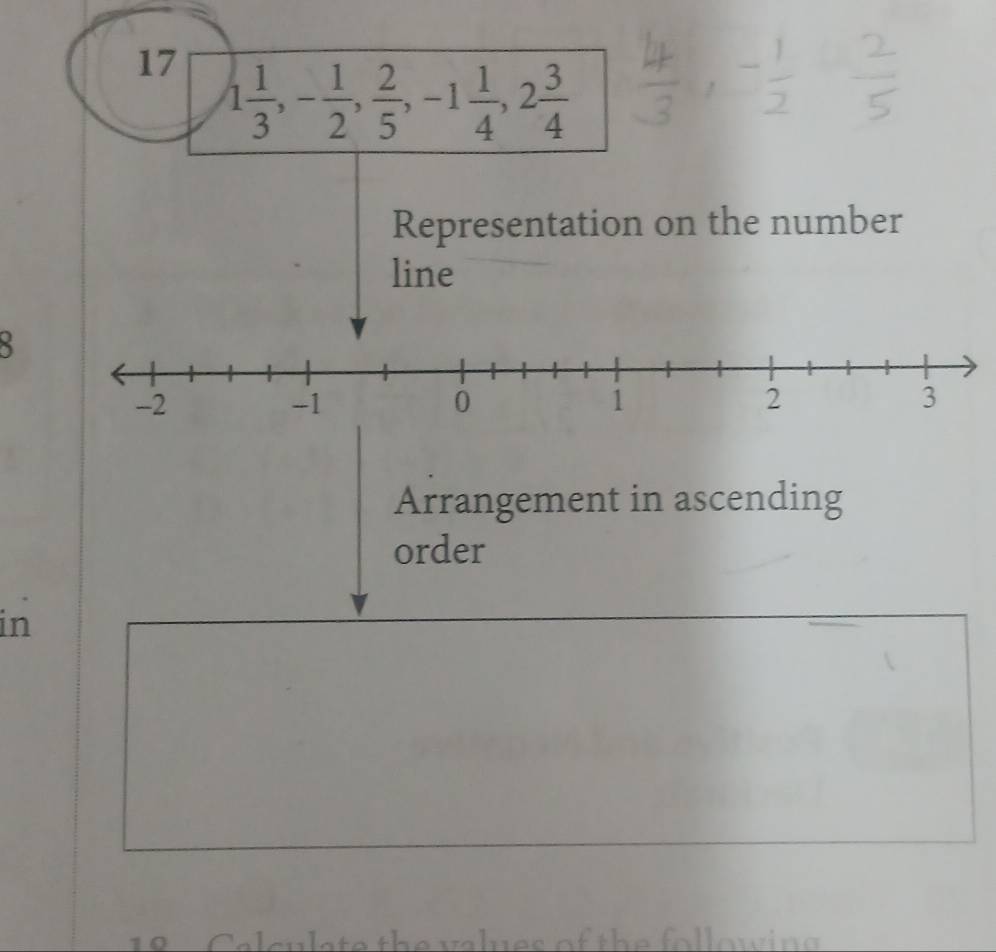 17 1 1/3 , - 1/2 ,  2/5 , -1 1/4 , 2 3/4 
Representation on the number 
line 
Arrangement in ascending 
order 
in