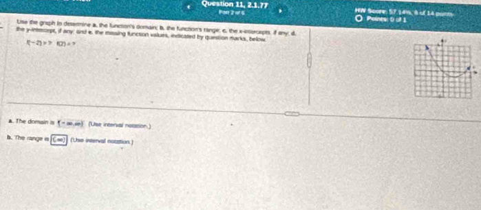 Question 11, 2.1.72 HW Score: 57.14%, 8 of 14 pants
R=17=1 O Points 0 of 1 
Lise the graph tn desssmine a, the funcson's domain; b, the function's range; c, the x-intercepts, if any; d 
the yinttscrpt, if any; and e. the massing function values, indicated by question marks, below.
f(-2)>7f(2)=7
a. The domain is (-∈fty ,∈fty ) (Use interval notation.) 
b. The range is (a) (Use interval notation )