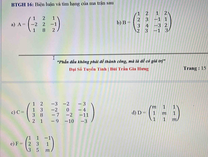 BTGH 16: Biện luận và tìm hạng của ma trận sau 
a) A=beginpmatrix 1&2&1 -2&2&-1 1&8&2endpmatrix B=beginpmatrix 1&2&1&2 2&3&-1&1 3&4&-3&2 2&3&-1&3endpmatrix
b 
“Phấn đấu không phải để thành công, mà là để có giá trị” 
Đại Số Tuyến Tinh | Bùi Trần Gia Hưng Trang : 15 
c) C=beginpmatrix 1&2&-3&-2&-3 1&3&-2&0&-4 3&8&-7&-2&-11 2&1&-9&-10&-3endpmatrix d) D=beginpmatrix m&1&1 1&m&1 1&1&mendpmatrix
e) F=beginpmatrix 1&1&-1 2&3&1 3&5&mendpmatrix