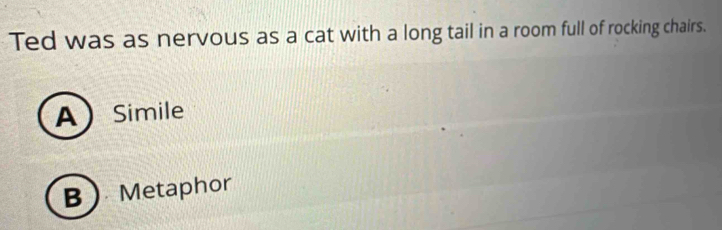 Ted was as nervous as a cat with a long tail in a room full of rocking chairs.
A Simile
B Metaphor