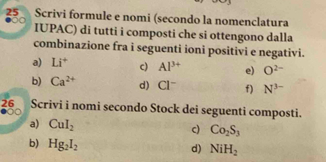 Scrivi formule e nomi (secondo la nomenclatura 
IUPAC) di tutti i composti che si ottengono dalla 
combinazione fra i seguenti ioni positivi e negativi. 
a) Li^+ c) Al^(3+) e) O^(2-)
b) Ca^(2+) d) Cl^- f) N^(3-)
26 Scrivi i nomi secondo Stock dei seguenti composti. 
a) CuI_2 c) Co_2S_3
b) Hg_2I_2
d) NiH_2