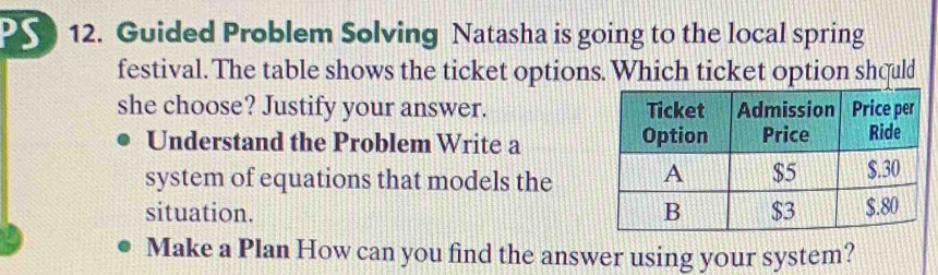 Guided Problem Solving Natasha is going to the local spring 
festival. The table shows the ticket options. Which ticket option shquld 
she choose? Justify your answer. 
Understand the Problem Write a 
system of equations that models the 
situation. 
Make a Plan How can you find the answer using your system?