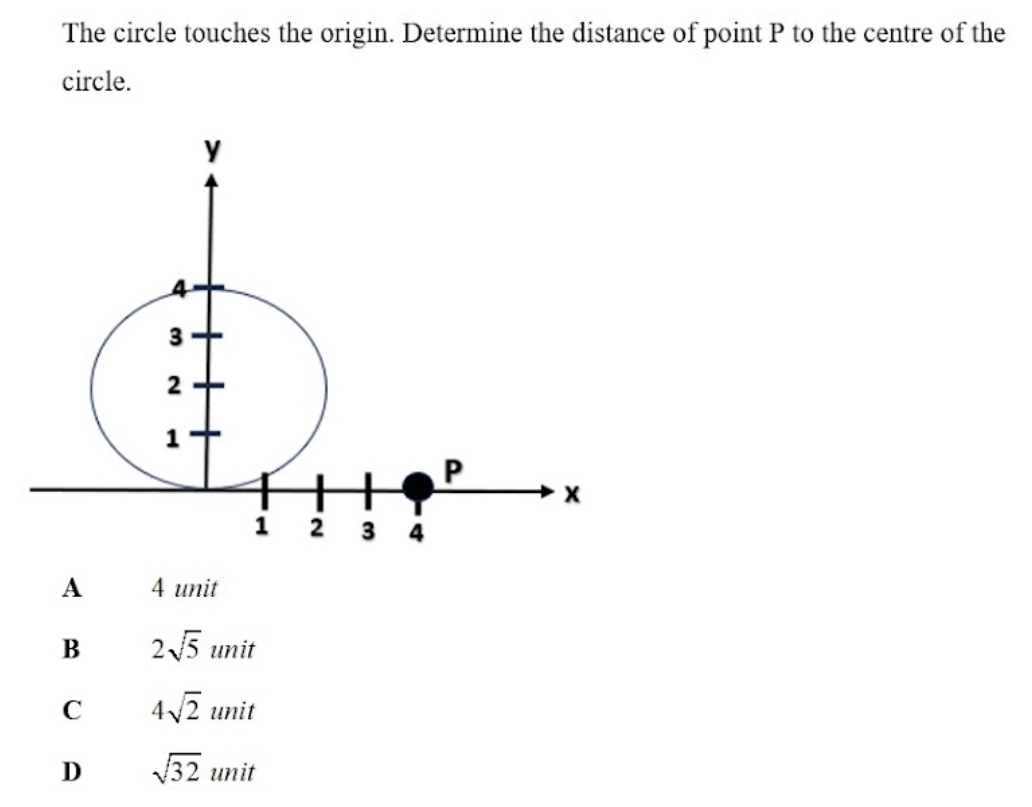 The circle touches the origin. Determine the distance of point P to the centre of the
circle.
A 4 unit
B 2sqrt(5) unit
C 4sqrt(2)unit
D sqrt(32) unit