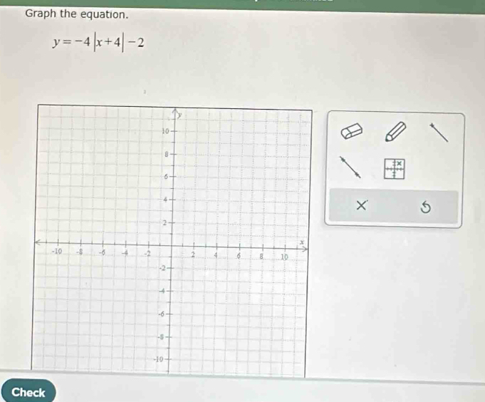 Graph the equation.
y=-4|x+4|-2
X
Check