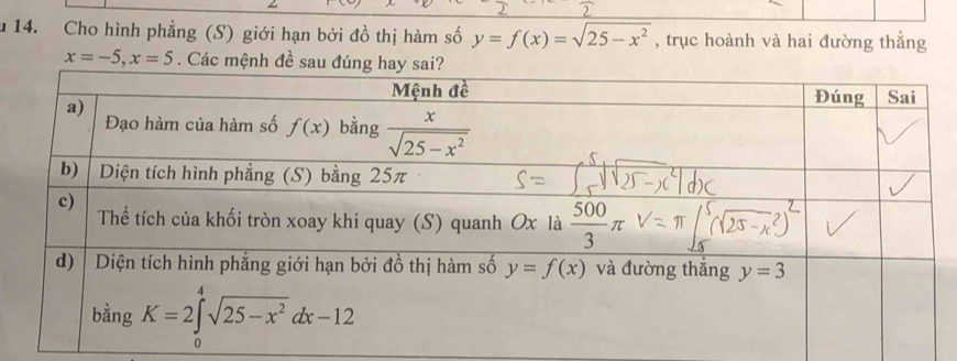 Cho hình phẳng (S) giới hạn bởi đồ thị hàm số y=f(x)=sqrt(25-x^2) , trục hoành và hai đường thắng
x=-5,x=5. Các mệnh