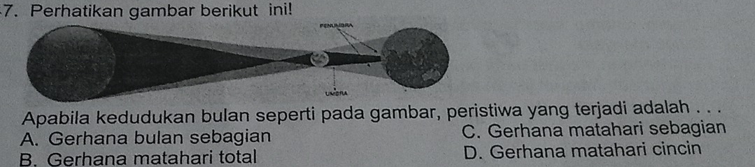 Perhatikan gambar berikut ini!
Apabila kedudukan bulan seperti pada gambar, peristiwa yang terjadi adalah . . .
A. Gerhana bulan sebagian C. Gerhana matahari sebagian
B. Gerhana matahari total D. Gerhana matahari cincin