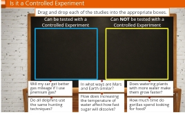 Is it a Controlled Experiment 
Drag and drop each of the studies into the appropriate boxes. Can NOT be tested with a 
Controlled Experiment Can be tested with a Controlled Experiment 
Will my car get better In what ways are Mars 
premium gas? ee L r a=a Earth sì mil ar? thern grow faster? With more water make Does watering plants 
Do all do lphins use How daes increvin water affect how fast the semperature of How much time do 
techniqunT the same hunting sugar will dissolve? gorillas spand looking for toos?