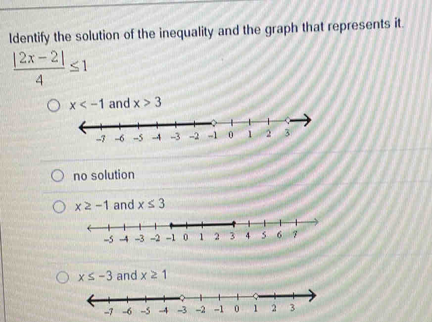 ldentify the solution of the inequality and the graph that represents it.
 (|2x-2|)/4 ≤ 1
x and x>3
no solution
x≥ -1 and x≤ 3
x≤ -3 and x≥ 1