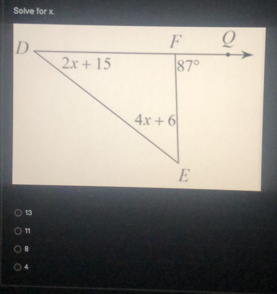 Solve for x.
13
11
8
4