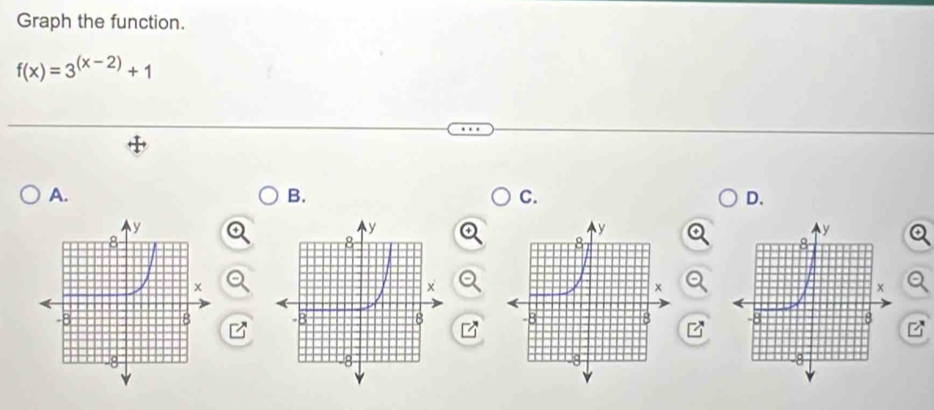 Graph the function.
f(x)=3^((x-2))+1
A. 
B. 
C. 
D.